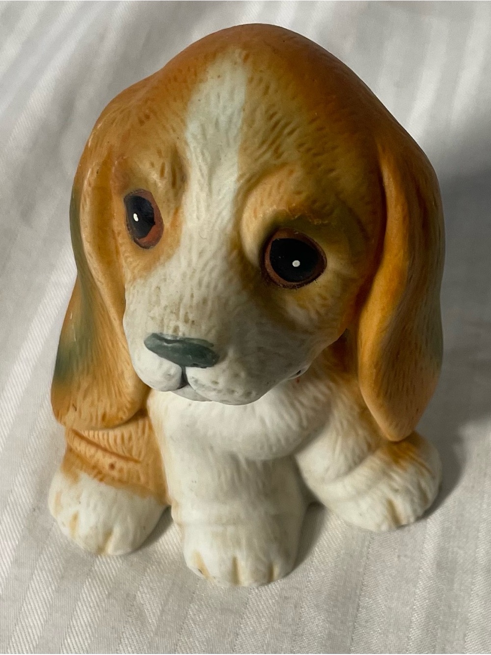 Brown and White Ceramic Puppy Figurine - Decorative Small Pet Accent